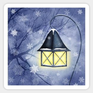 Magic vintage streetlight watercolor illustration. Snow night. Snowflakes, tree branches. Winter park scenery Sticker